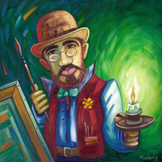 An illustrated portrait of a man with a beard holding a paintbrush and a palette with a lit candle, wearing a hat and glasses, against a green background. By Raymond Murray